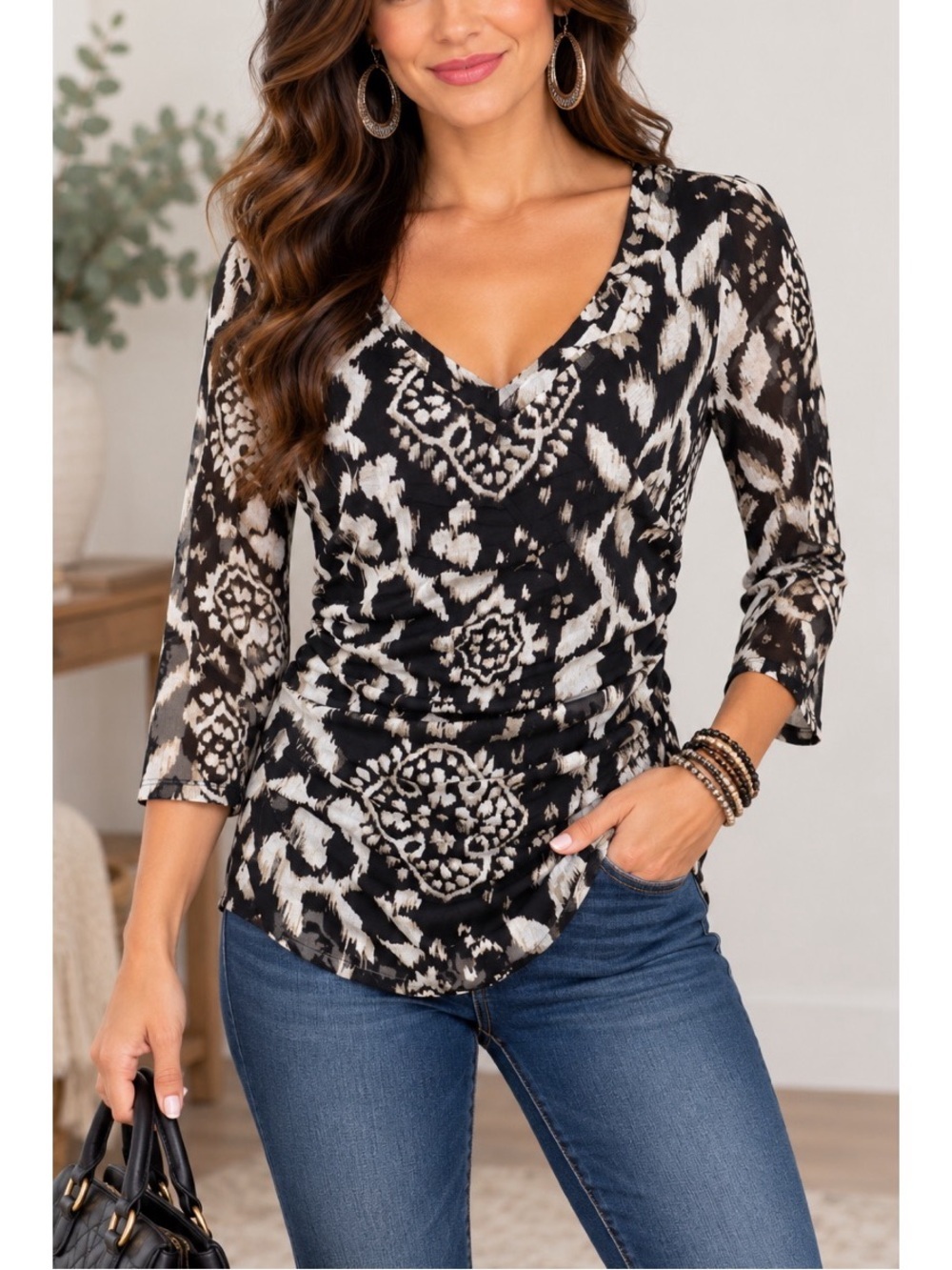 INC International Concepts Black & Cream Printed 3/4 Sleeve Top- Medium